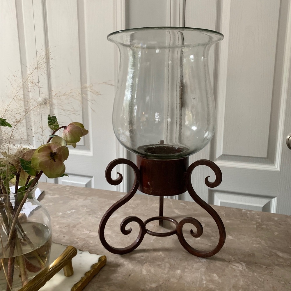 glass hurricane candle holder vase with a wrought iron base home decor 17.5"